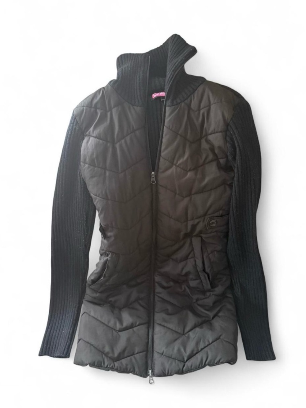 Vintage Y2K Women’s Say What? Black Quilted Jacket with Knit Sleeves Sz S